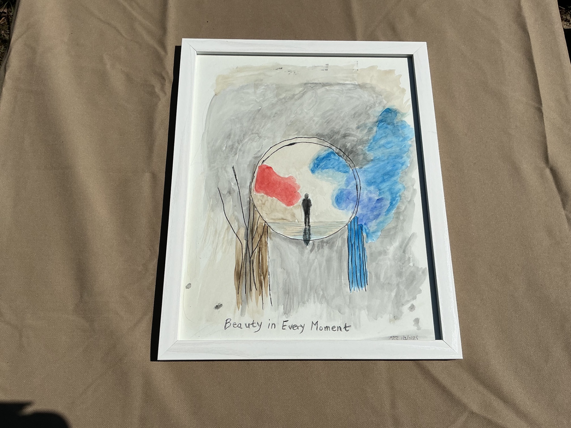Watercolour of a solitary figure framed inside a circle of red and blue