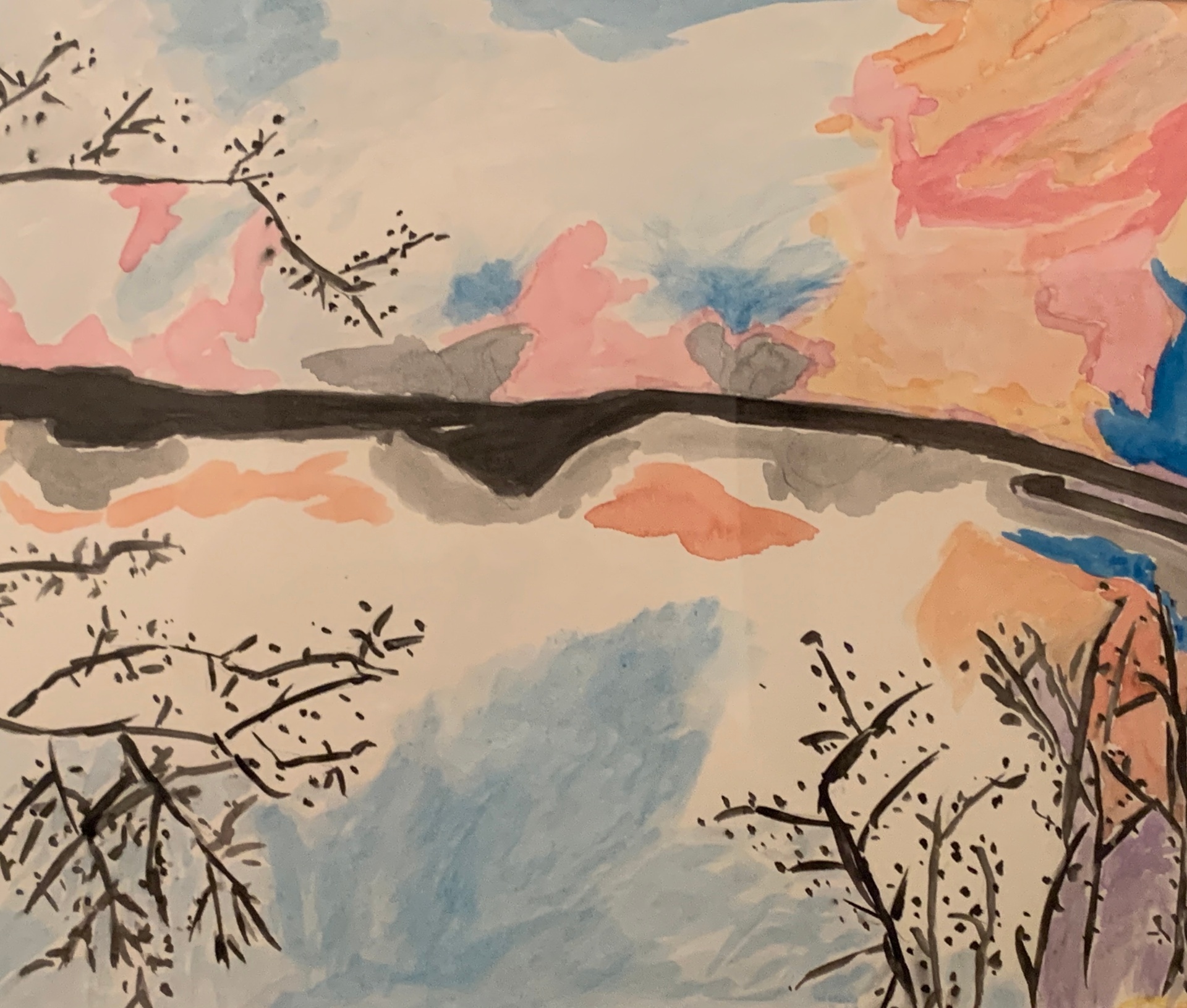 Watercolour landscape of a river reflecting a pink and orange sunset framed by inked branches