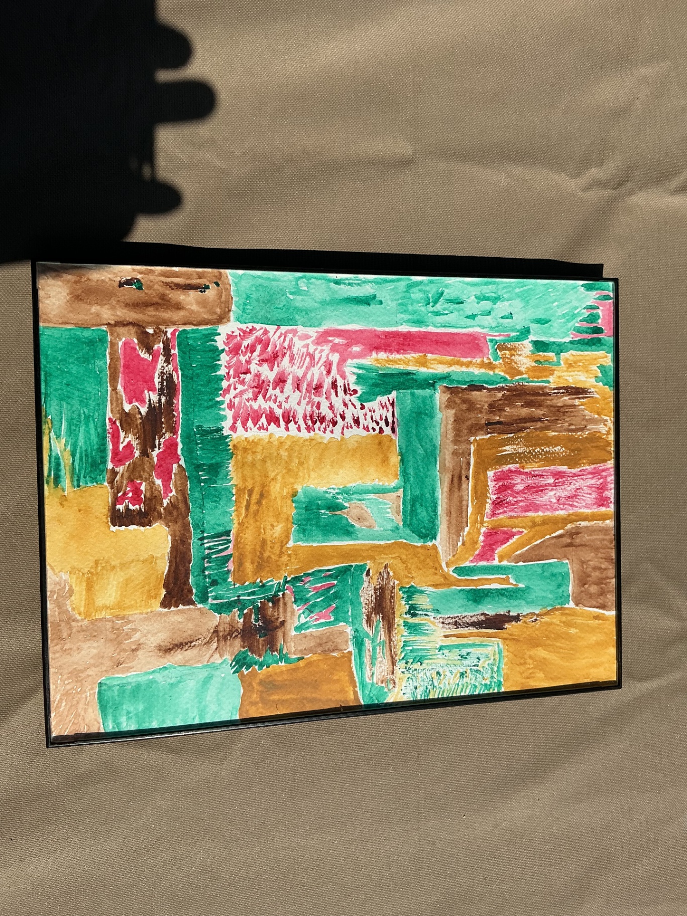 Abstract geometric painting in teal, ochre, brown, and rose
