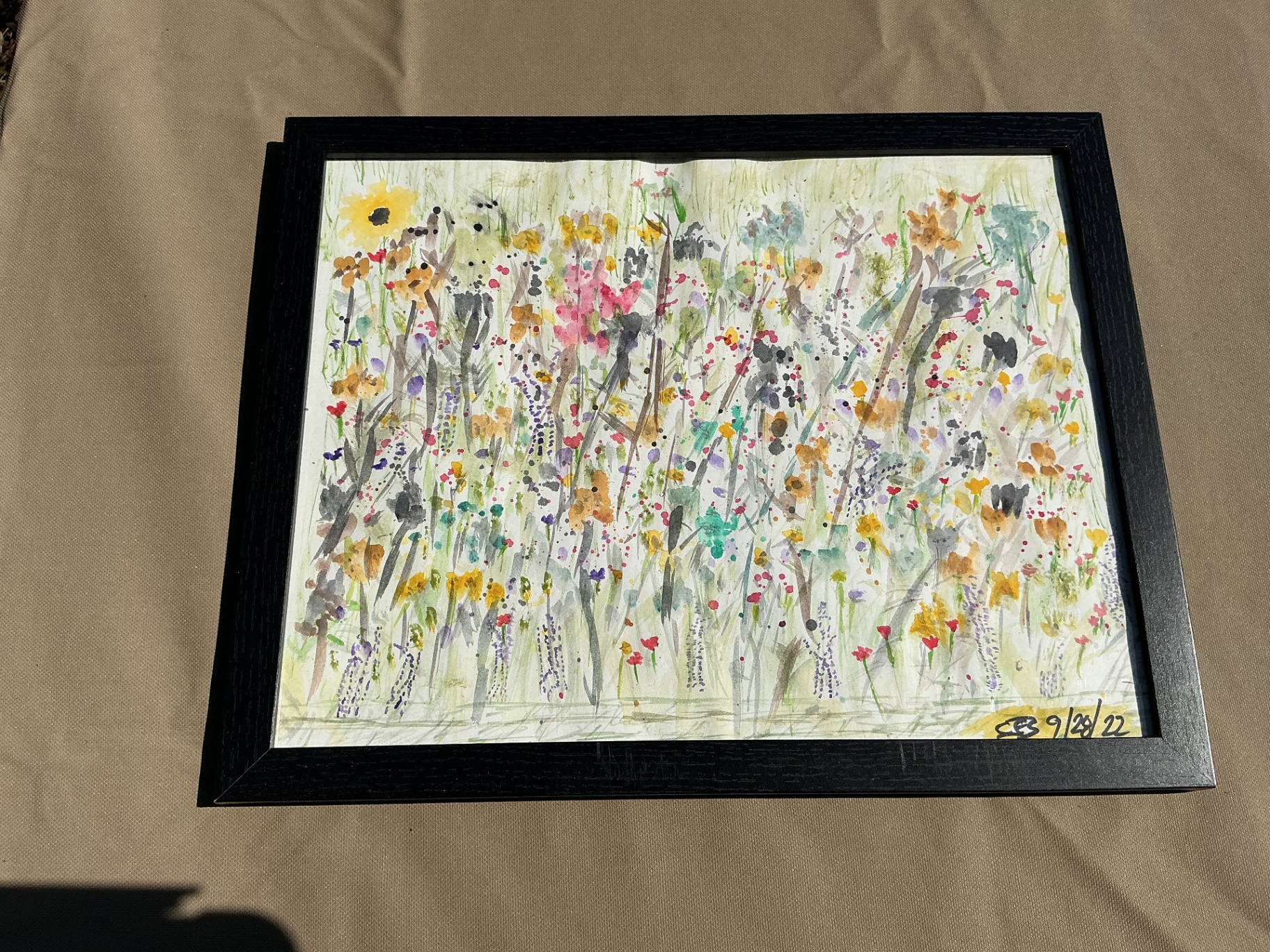 Watercolour of a dense wildflower meadow in bloom