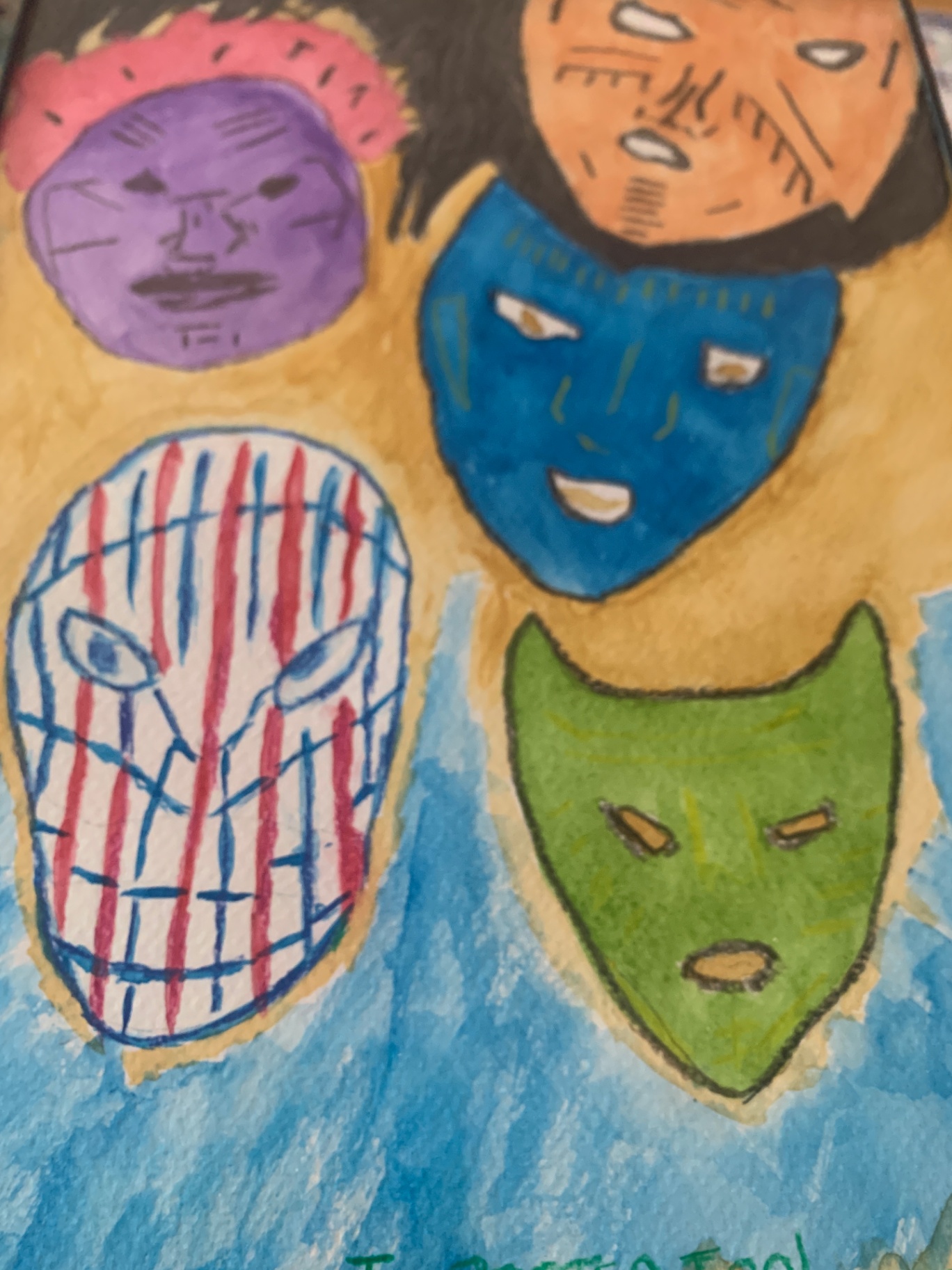 Four expressive stylised faces in purple, orange, blue, and green on a warm ground
