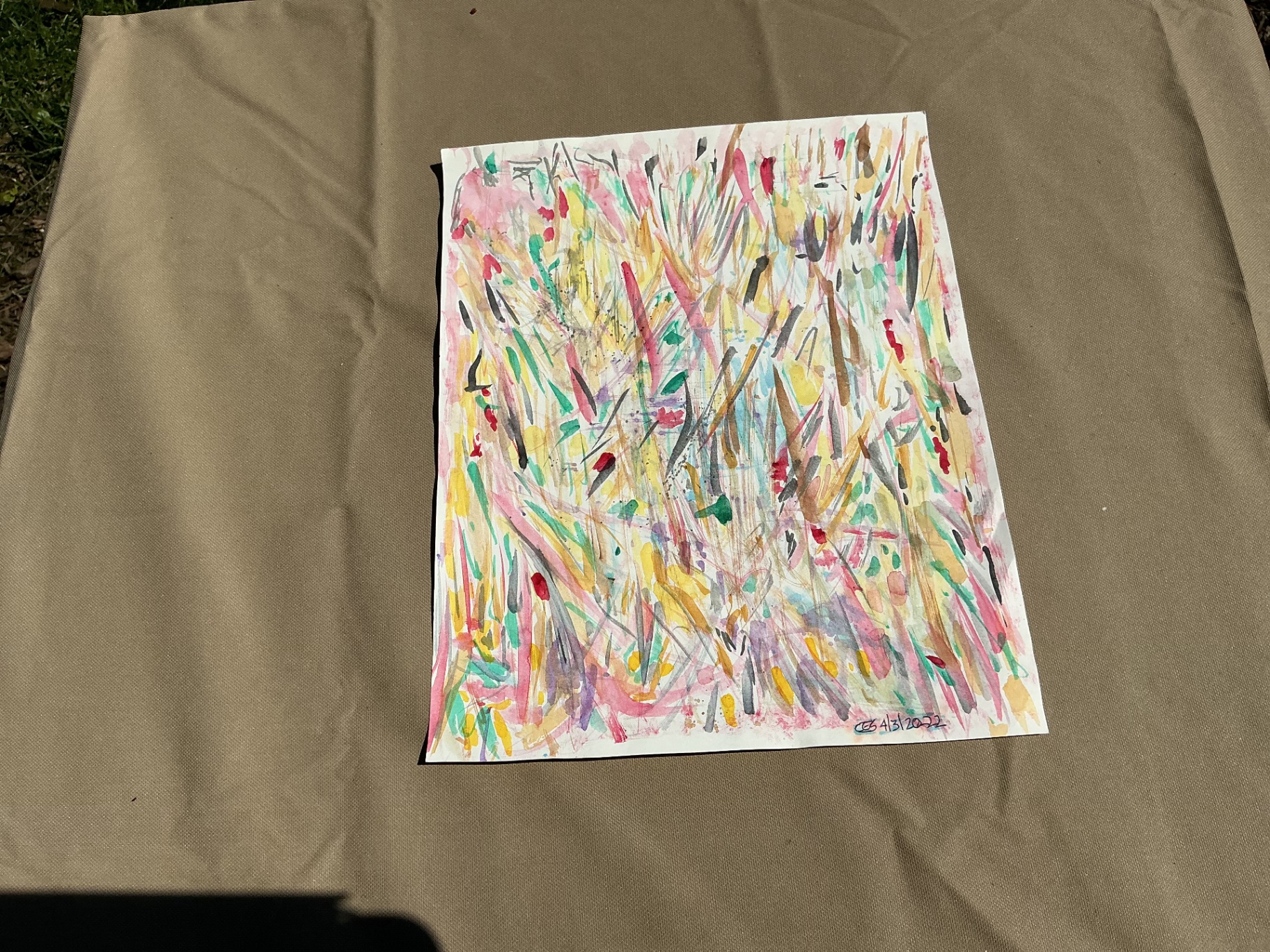 Dense abstract field of pink, yellow, green and black brushstrokes