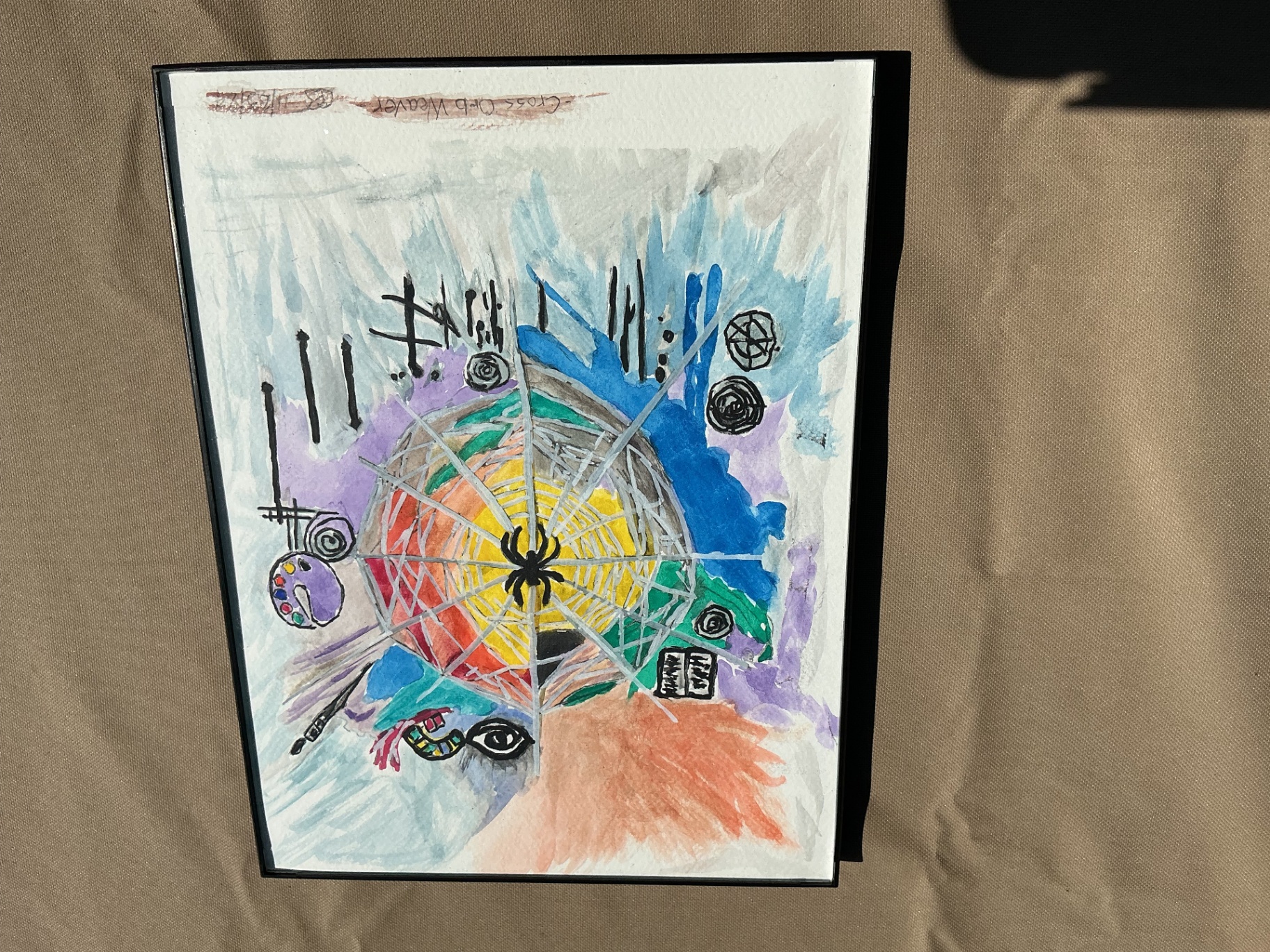 Colourful watercolour of a spider web with symbols of creativity by Curtis E. Spence