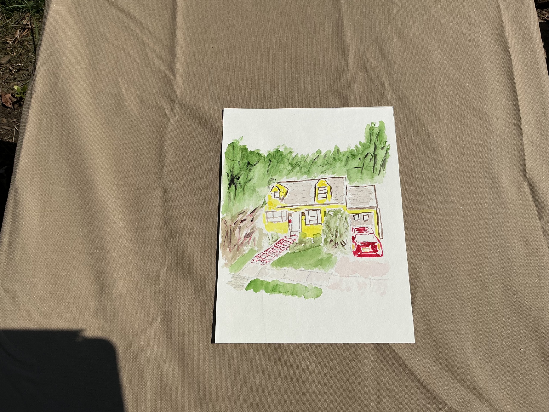 Watercolour painting of a yellow suburban house with red car and green foliage