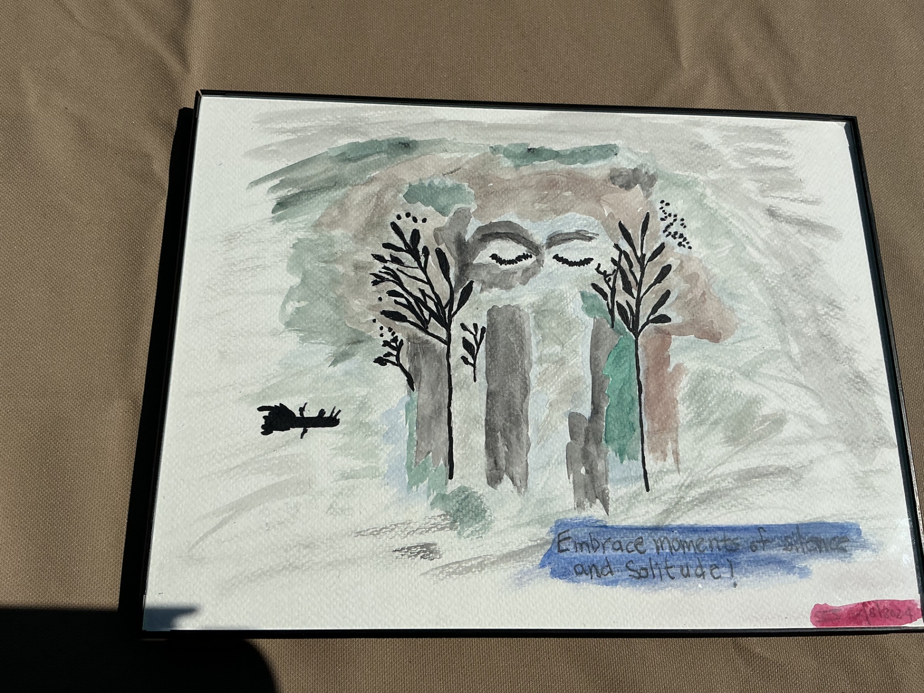 Watercolour of trees and a quiet face with the phrase Embrace moments of silence and solitude