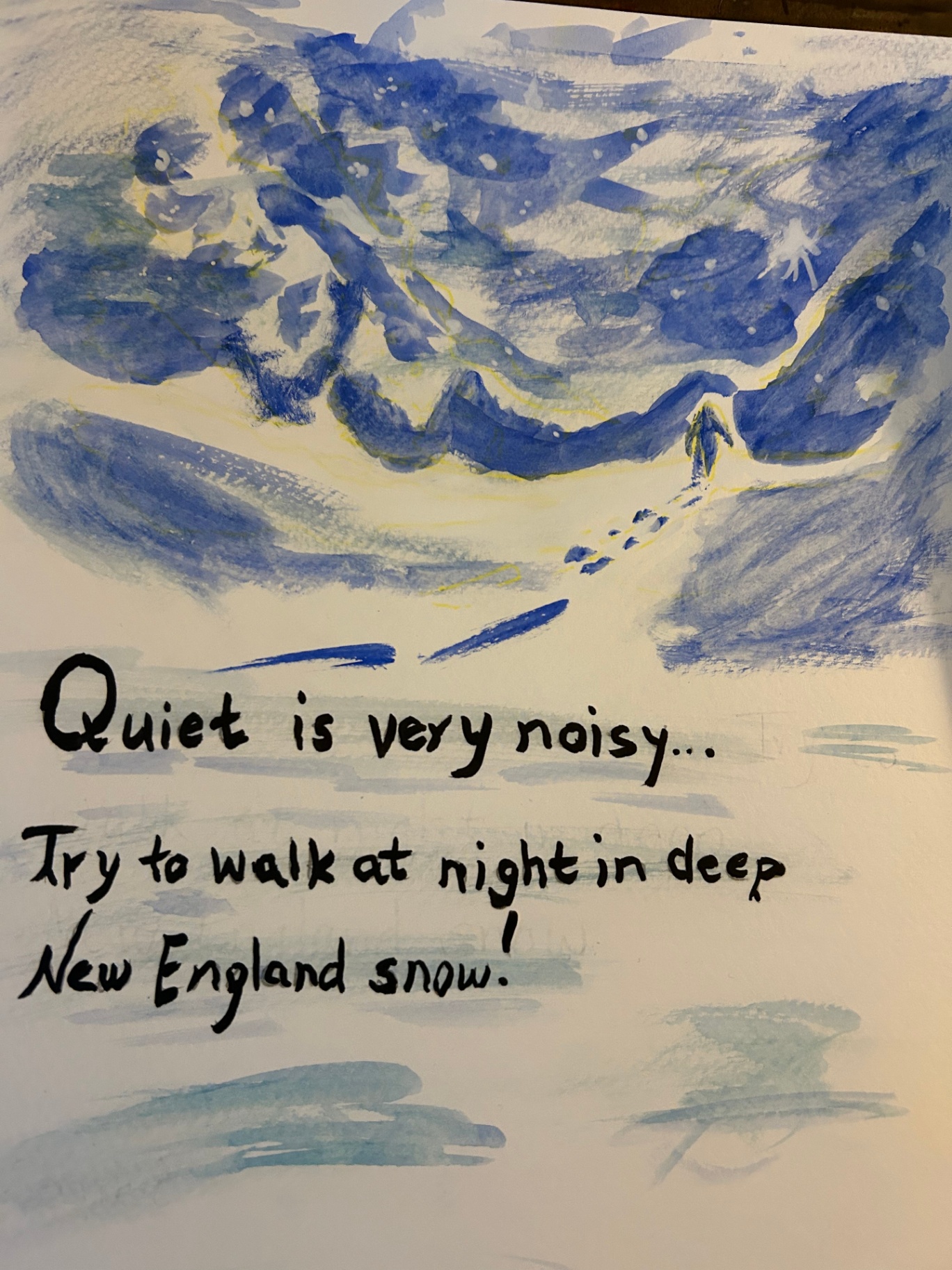 Blue nocturne of a lone figure walking through snow with handwritten New England reflection
