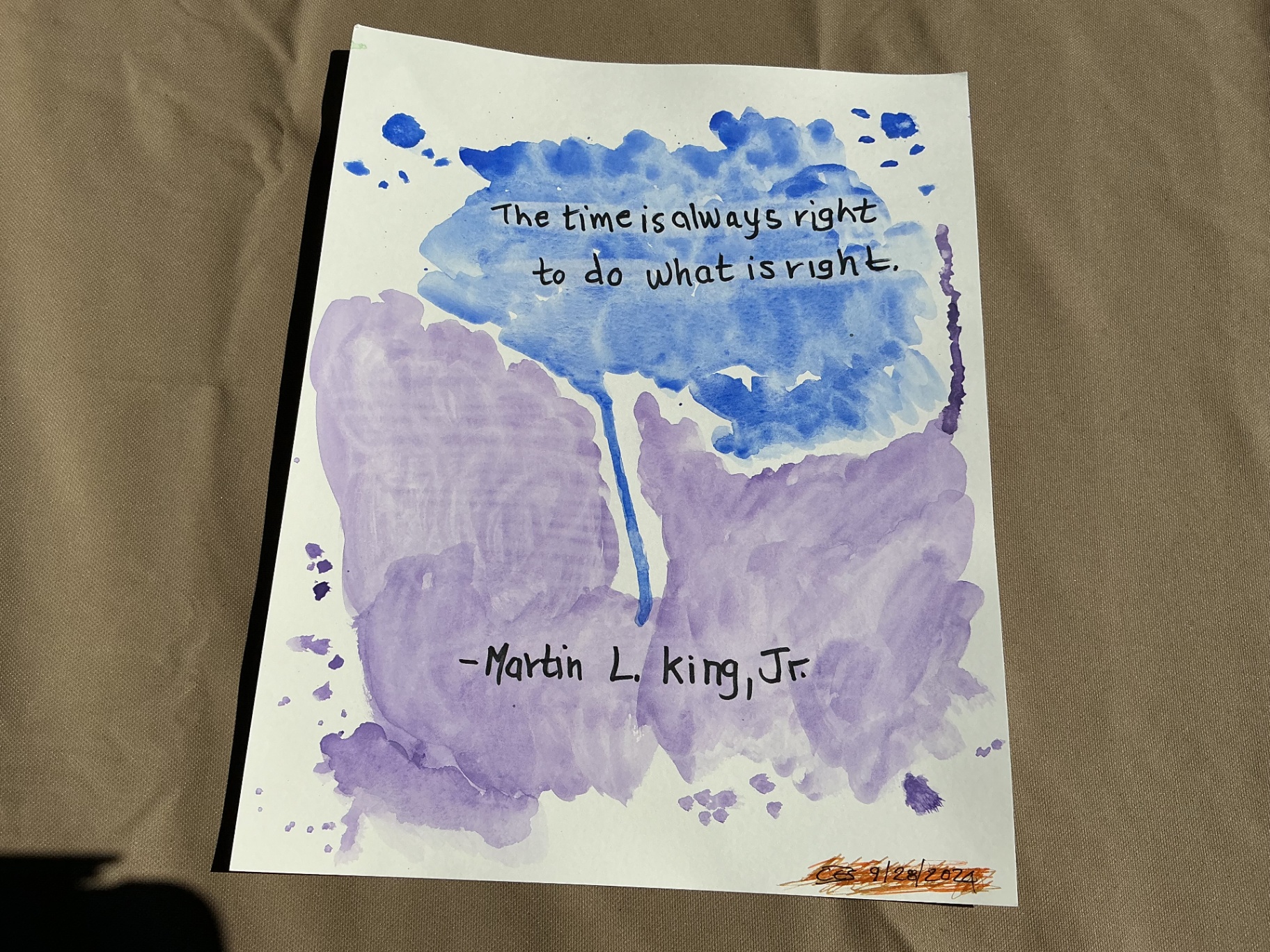 Blue and lavender watercolour with a hand-lettered Martin Luther King Jr. quote