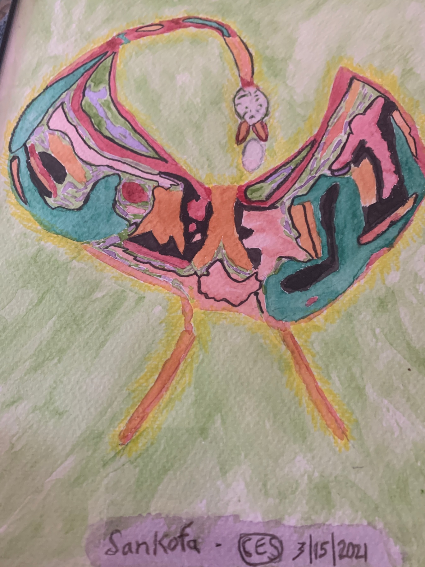 Colorful Sankofa bird motif in teal, coral, and orange on a soft green ground