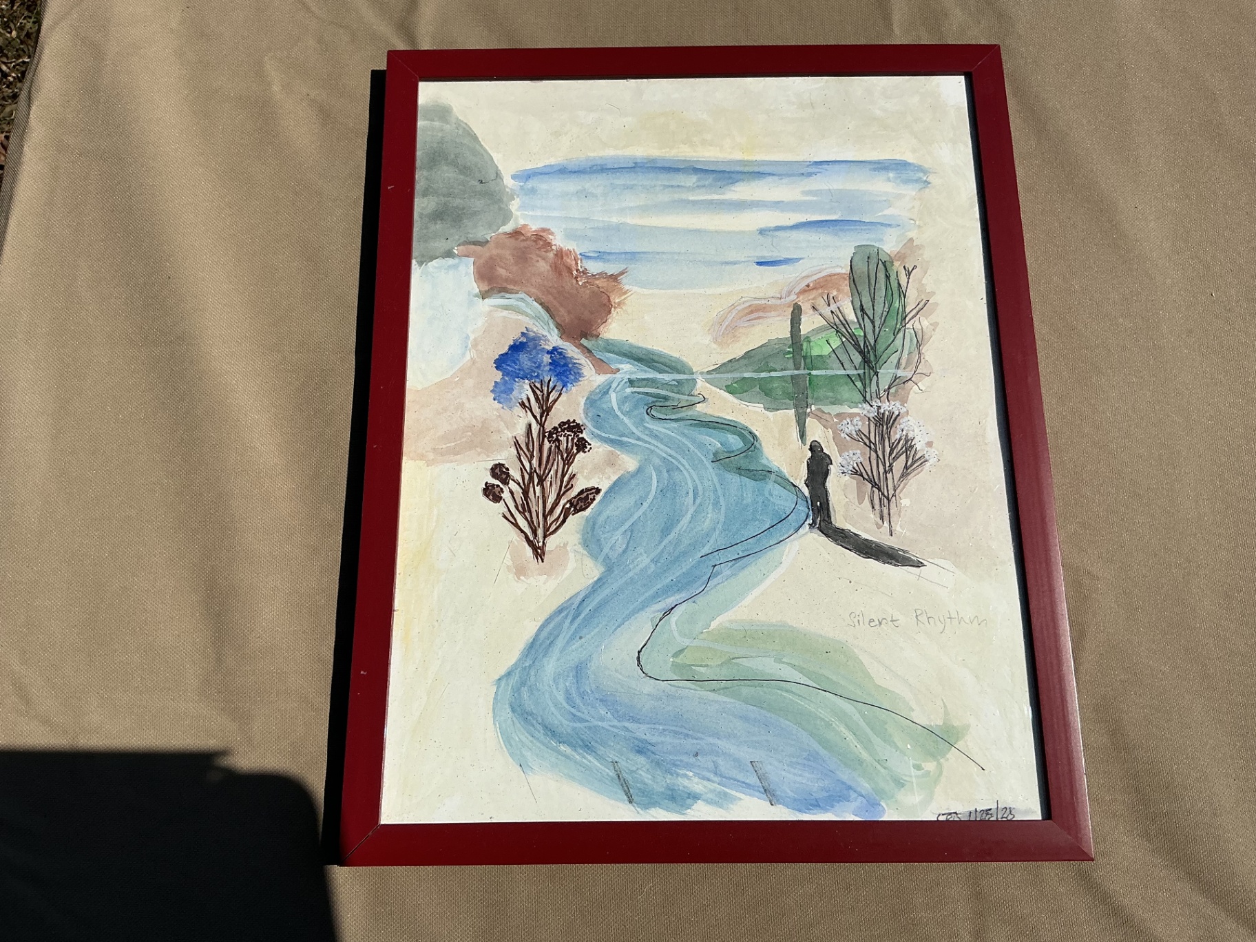 Landscape watercolour with a winding blue river and solitary figure titled Silent Rhythm