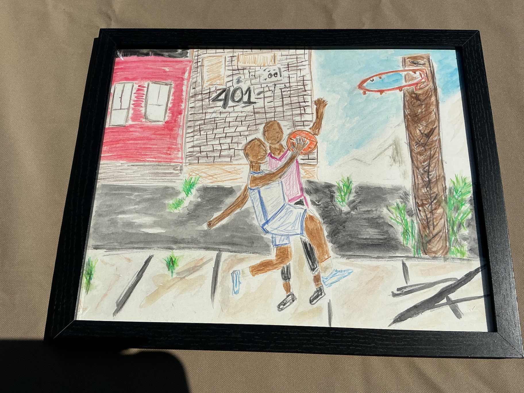 Watercolour and pencil scene of two figures playing basketball at 401