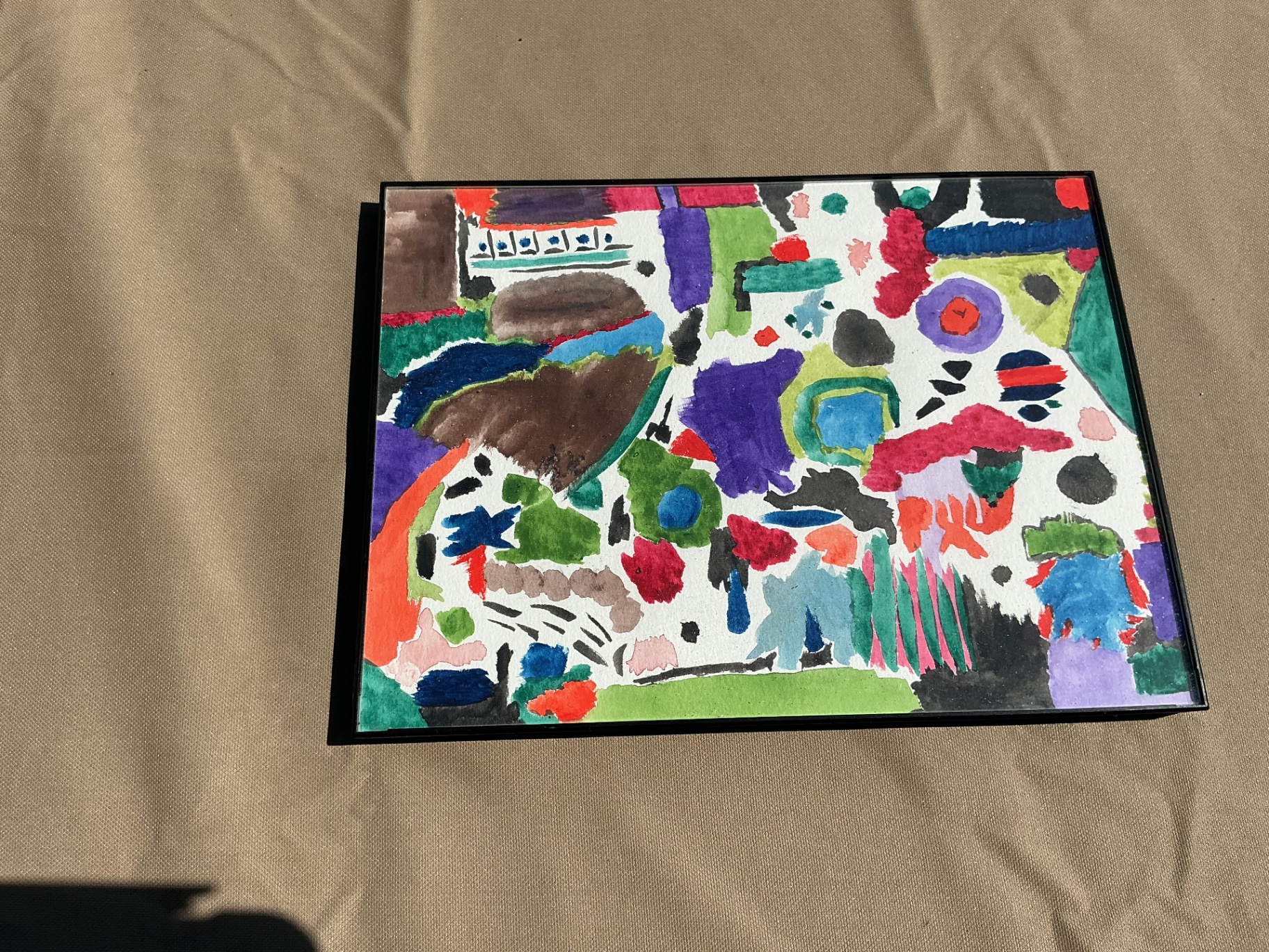 Bold abstract composition with green, purple, blue, red, and black shapes