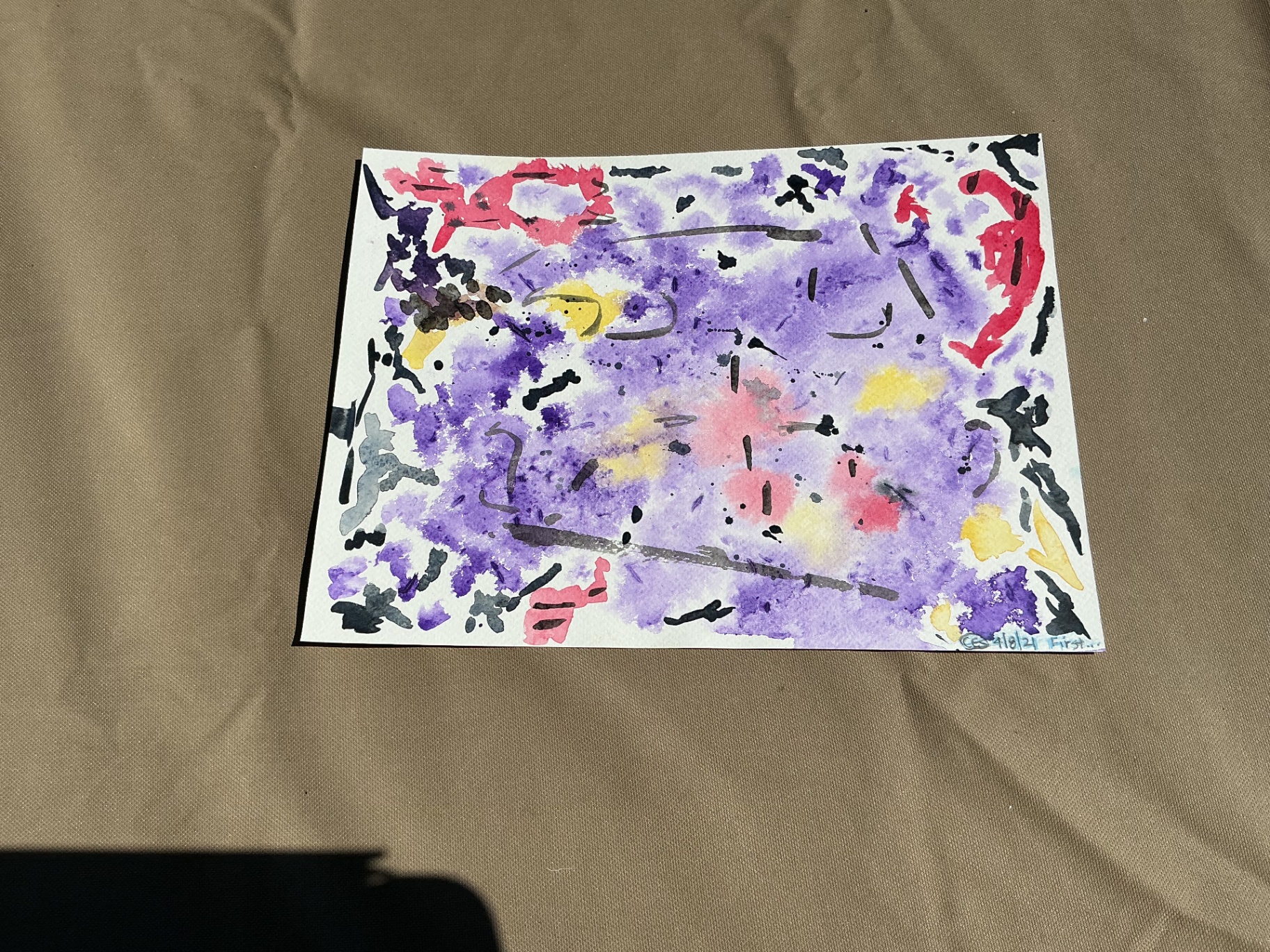 Abstract wash in purple, pink, yellow, and black titled First Wave