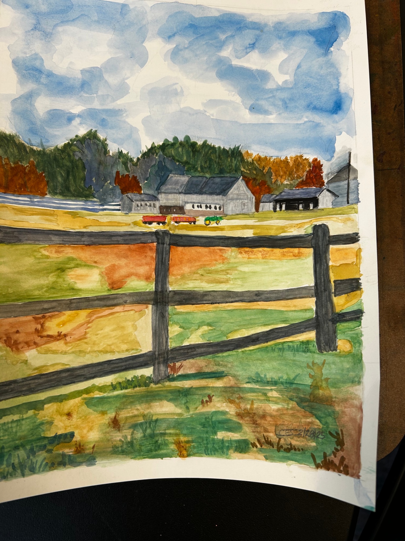 Watercolour of a New England farm with barns, autumn trees, and split-rail fence in the foreground