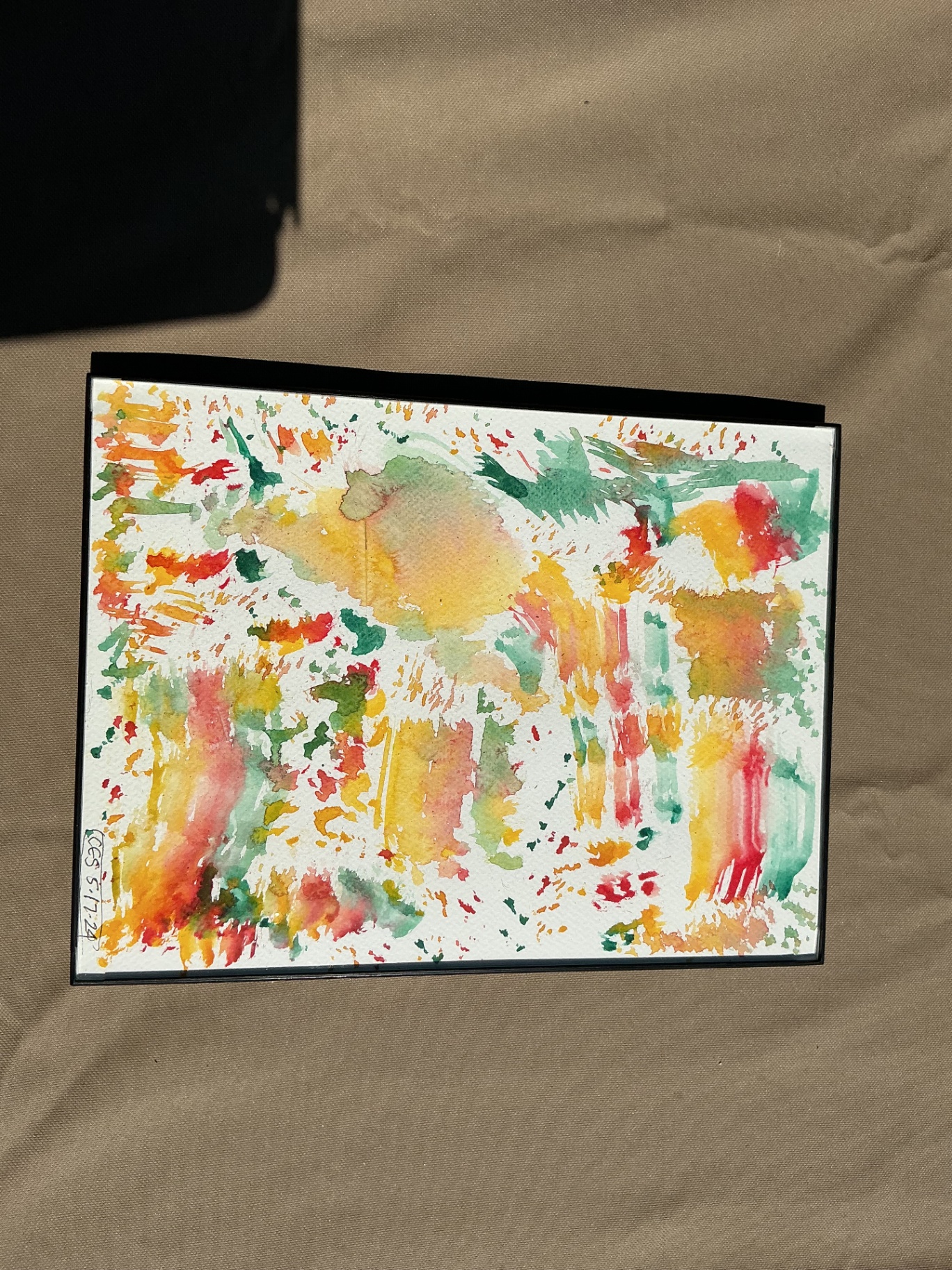 Abstract floral field with orange, yellow, green, and red washes